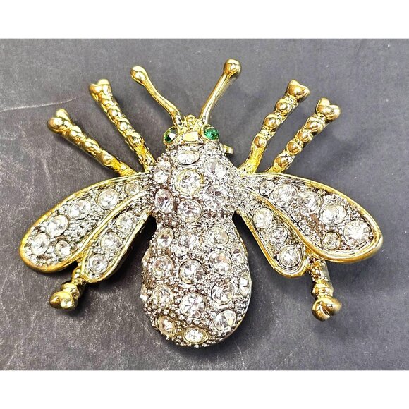 Vintage Rhinestone & Gold-Tone Bee Insect Brooch With Green Eyes - Picture 1 of 7
